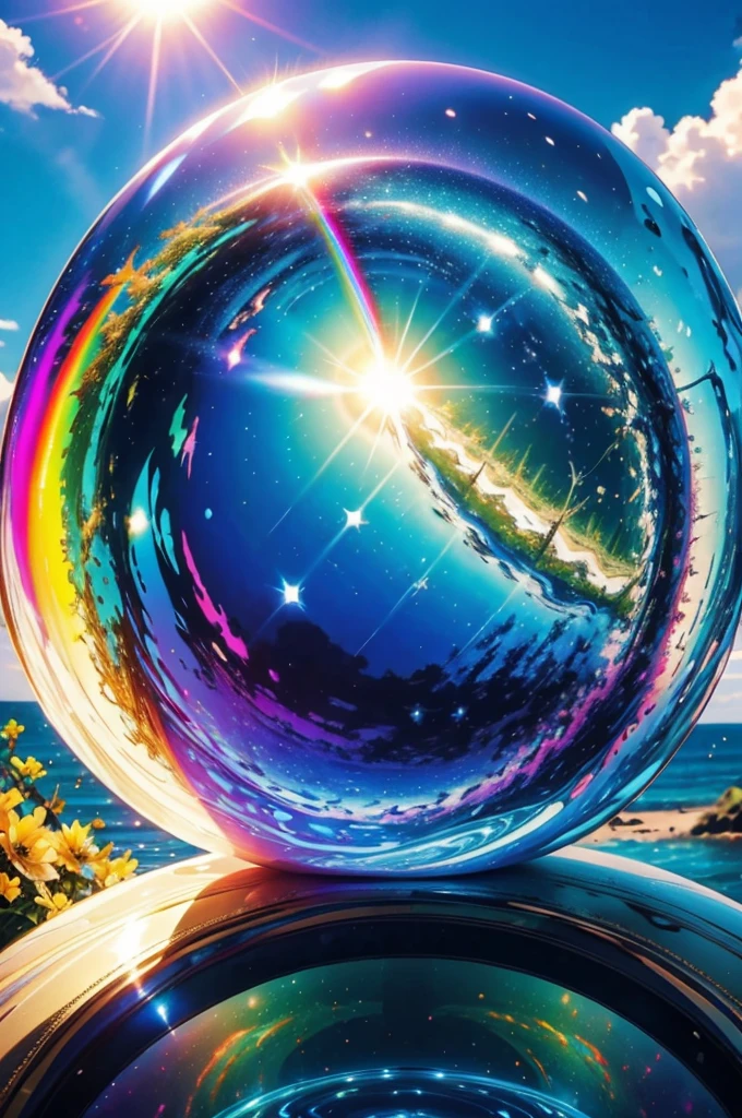 (Highest quality), (8K), (Highest quality), (live-action), (Realistic photos), summer、summerを感じる物、summerを感じる風景, blue sky, Rainbow and sunshine shining.16K, Ultra-high resolution, Shining in rainbow colors、to be born,wonderful ,future、Iridescent、The world 30 years from now。