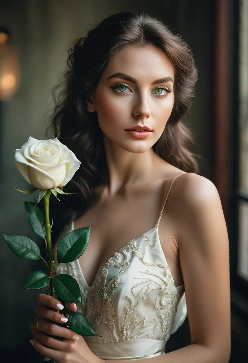 a woman with green eyes, flawless skin, half body shot, holding a white rose, whimsical photography style, captured with an Arriflex 35BL camera using Canon K25 prime lenses, cinematic, dramatic lighting, ultra clear, breathtaking surreal masterpiece.
