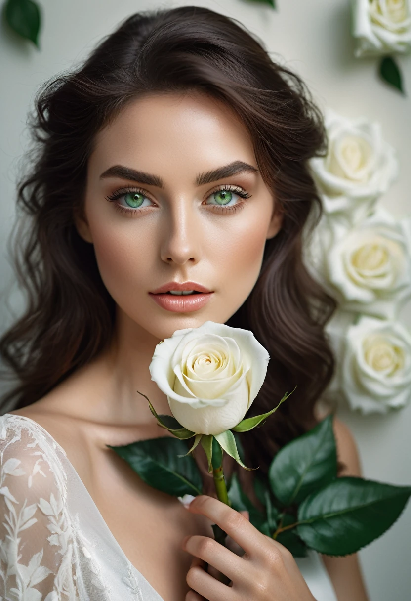 a woman with green eyes, flawless skin, half body shot, holding a white rose, whimsical photography style, captured with an Arriflex 35BL camera using Canon K25 prime lenses, cinematic, dramatic lighting, ultra clear, breathtaking surreal masterpiece.