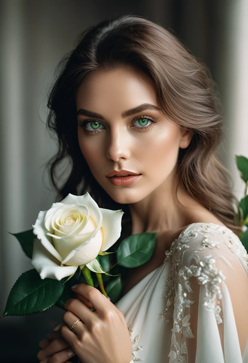 a woman with green eyes, flawless skin, half body shot, holding a white rose, whimsical photography style, captured with an Arriflex 35BL camera using Canon K25 prime lenses, cinematic, dramatic lighting, ultra clear, breathtaking surreal masterpiece.