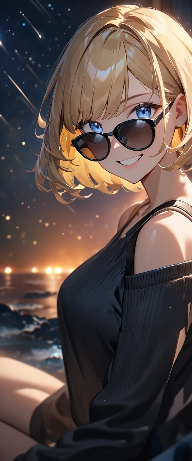 ((grin)), ((off-shoulder sweater:1.3, Quite thick shoulder straps)), ((black sweater)), ((blond hair, bob cut:1.3)), ((sunglasses, hand to sunglasses)), (((from side))), ((((upper body)))), ((Leaning to side)), (((A meteor shower dancing in the night sky, countless stars twinkling in the clear air))), ((sitting on the very high cliff)), wavy hair, inward curled hair, ((sea, nature)), breasts, teenager, (looking at viewer), oversized clothes, puffy long sleeves, collarbone, head tilt:1.3, (((blue eyes))), happy smile, (((anime style))), (best quality, 4K, 8K, highres, masterpiece:1.2, ultra-detailed, ultra-detailed eyes, HDR, uhd, studio lighting, ultra-fine painting, sharp focus, physically-based rendering, extreme detail description, professional, vivid colors, bokeh)