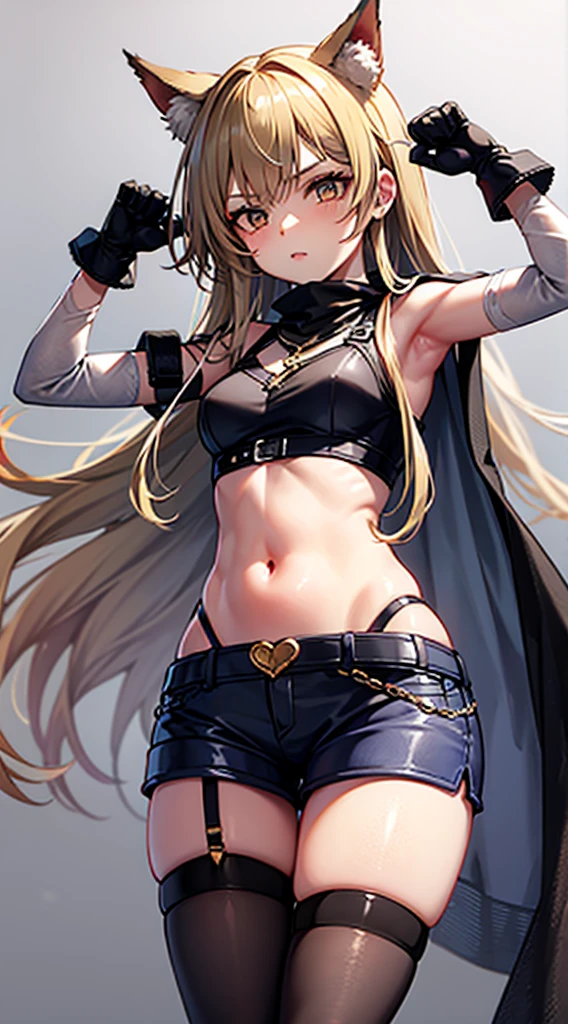 long yellow hair, black gloves, paw gloves, navel, black thighhighs, elbow gloves,