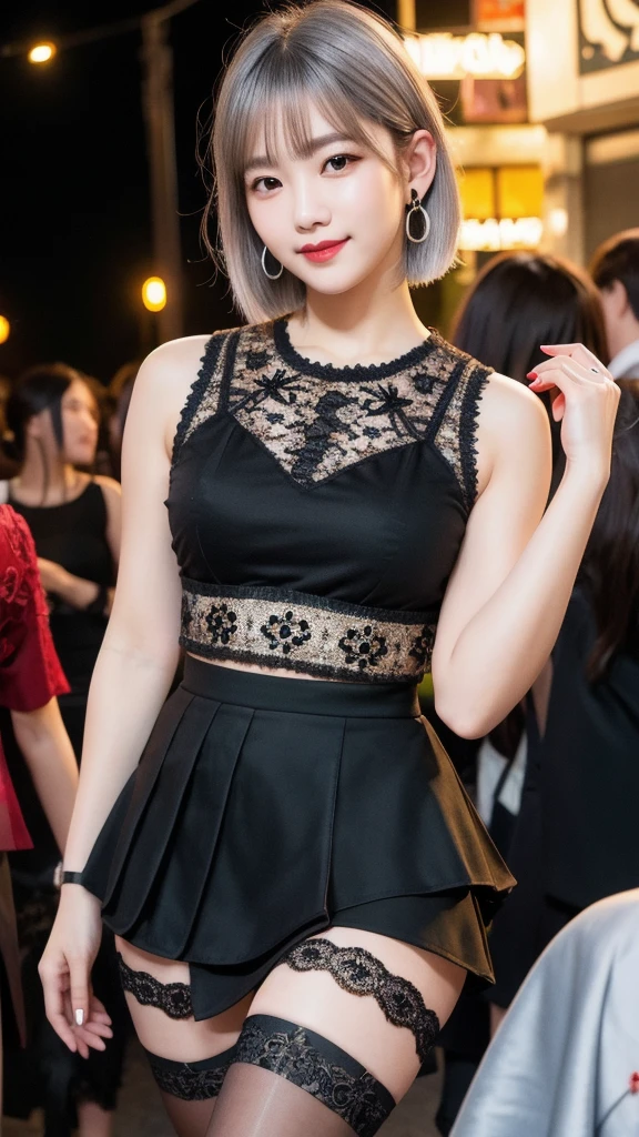 (8K, Photorealistic, Raw photo, Highest quality: 1.4),Japanese idol-style beautiful girl,1 person,18-year-old,(Short Bob),(Silver Hair :1.2),She has her hair tucked behind her ears,Clear grey eyes,Long eyelashes,(piercings(small)),(Lip gloss(red)),lips(Plump,glossy),thin long neck,(camisole(Black)),(flare skirt(Layered lace,Black)),tights(Mesh),High heels,(Sleeveless jacket((Lace embroidery),(Mesh))Layering),Party Venue,Background with a large crowd of people,Smiling at the camera,Knee shot snap