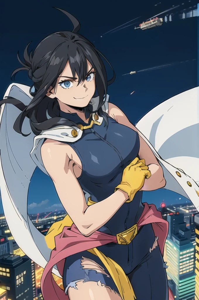 (masterpiece, best quality:1.4), cinematic light, colorful, high contrast, (1girl), NanaShimura, boku no hero academia,  ((yellow gloves)), black hair, long hair, [folded ponytail:0.5], (white cape), (large breasts), blue eyes, sleeveless, whole bodysuit, hair between eyes, belt, city, smirk, naked