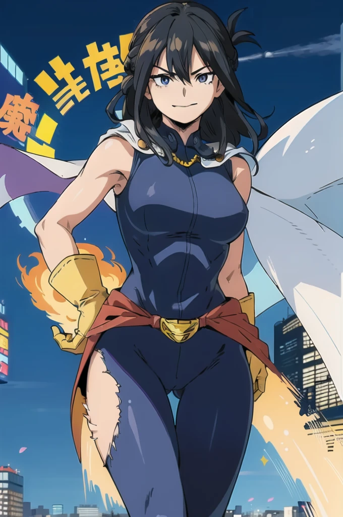 (masterpiece, best quality:1.4), cinematic light, colorful, high contrast, (1girl), NanaShimura, boku no hero academia,  ((yellow gloves)), black hair, long hair, [folded ponytail:0.5], (white cape), (large breasts), blue eyes, sleeveless, whole bodysuit, hair between eyes, belt, city, smirk, naked