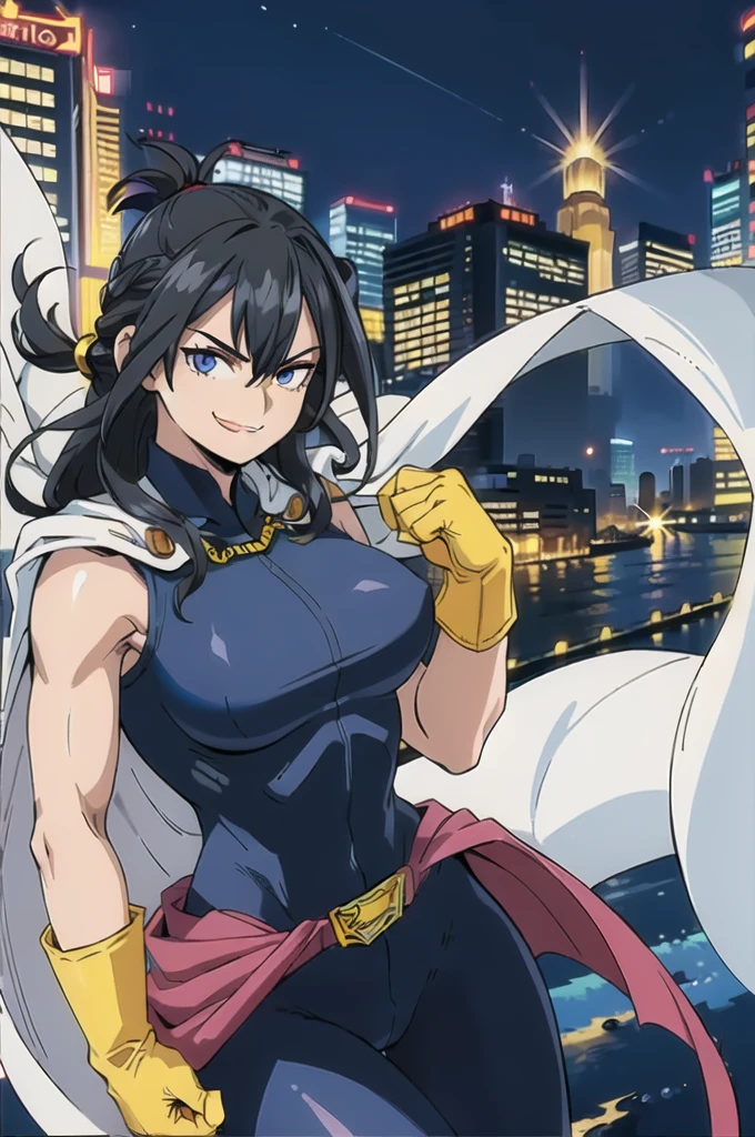 (masterpiece, best quality:1.4), cinematic light, colorful, high contrast, (1girl), NanaShimura, boku no hero academia,  ((yellow gloves)), black hair, long hair, [folded ponytail:0.5], (white cape), (large breasts), blue eyes, sleeveless, whole bodysuit, hair between eyes, belt, city, smirk, naked