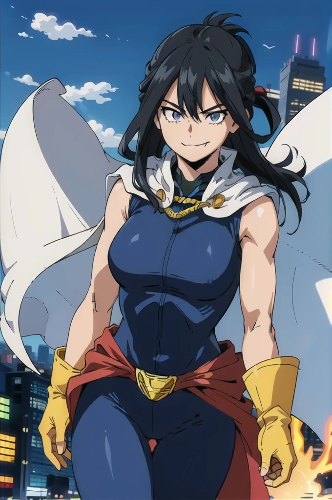 (masterpiece, best quality:1.4), cinematic light, colorful, high contrast, (1girl), NanaShimura, boku no hero academia,  ((yellow gloves)), black hair, long hair, [folded ponytail:0.5], (white cape), (large breasts), blue eyes, sleeveless, whole bodysuit, hair between eyes, belt, city, smirk, naked