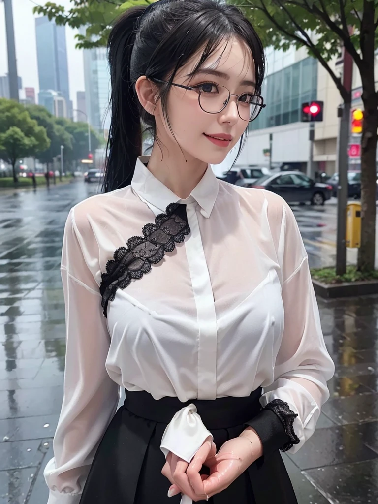 ((best quality, 8K, masterpiece: 1.3)),upper body,Thick black-rimmed glasses,Black Hair, black eye,sharp focus: 1.2, beautiful woman: 1.4, ((ponytail: 1.2)),(Silk darkmagenta long skirt、White long sleeve blouse with lace), (wet from rain: 1.3), (rain, street: 1.2), wet body: 1.2, Highly detailed face and skin texture, detailed eyes, double eyelids, White skin,E cup,smile,Financial district of the big city,Skyscraper,White skin,Wet Hair、Wet Skin、Wet clothes、smile、