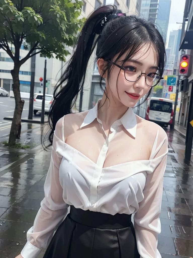 ((best quality, 8K, masterpiece: 1.3)),upper body,Thick black-rimmed glasses,Black Hair, black eye,sharp focus: 1.2, beautiful woman: 1.4, ((ponytail: 1.2)),(Silk darkmagenta long skirt、White long sleeve blouse with lace), (wet from rain: 1.3), (rain, street: 1.2), wet body: 1.2, Highly detailed face and skin texture, detailed eyes, double eyelids, White skin,E cup,smile,Financial district of the big city,Skyscraper,White skin,Wet Hair、Wet Skin、Wet clothes、smile、 