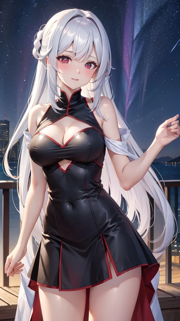 (masterpiece:1.3), (best quality:1.1), (8k, ultra detailed, ultra high res:1.2), ((anime style)), perfect 5 fingers, perfect anatomy,
1girl,
medium breasts,
BREAK long hair, wavy hair,
white hair,
red eyes,
BREAK dress,
looking at viewer,
BREAK cowboy shot, BREAK (detailed background:1.1), outdoor, aurora, at night, Starry Night Sky with Shooting Stars,