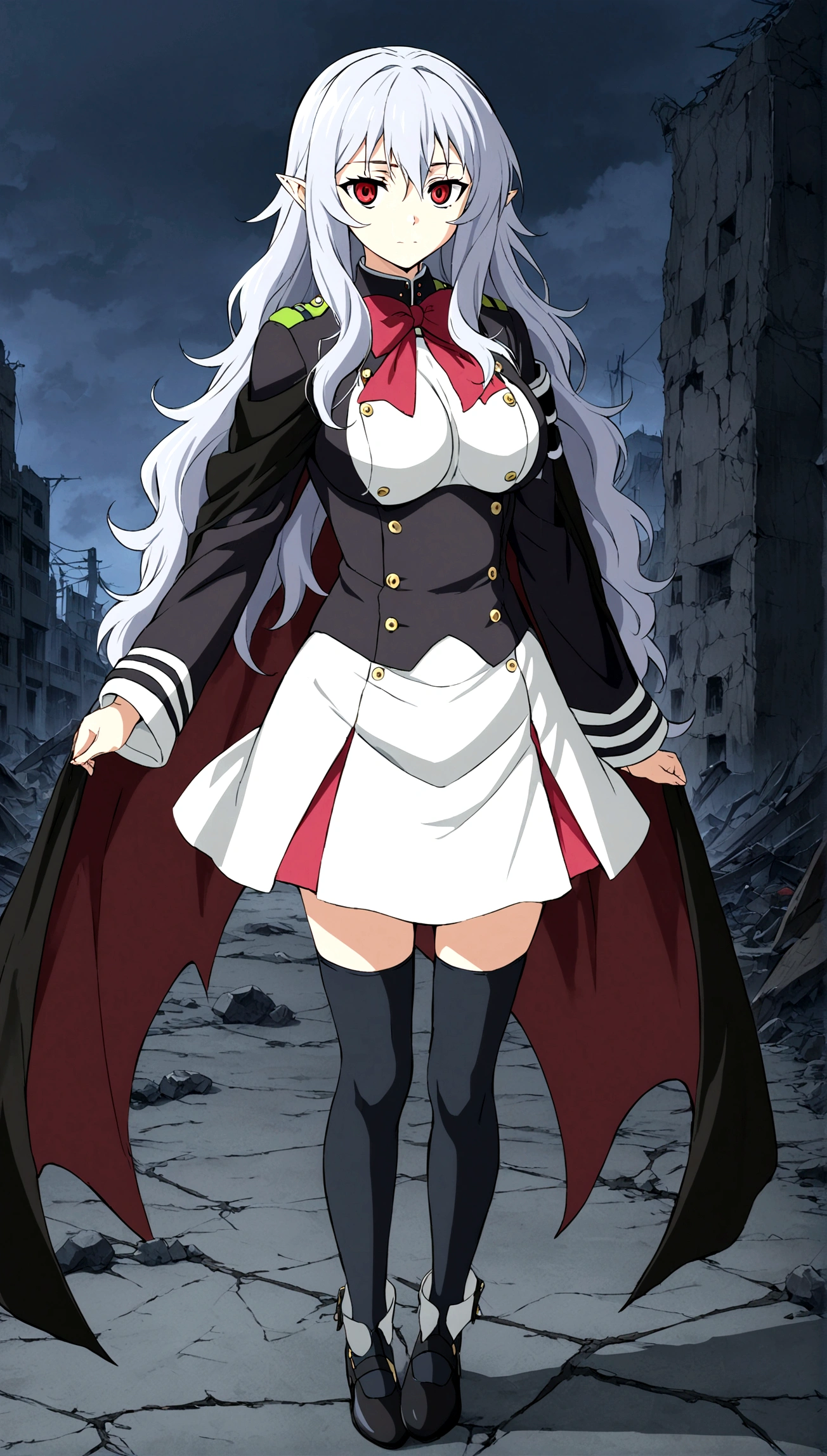 Anime. Owari no Seraph. 1 Girl. Dear . A vampire. Progenitor Clumsy. Silver hair. Wavy hair. Long hair. Red eyes. Beautiful eyes. Perfect eyes. Expressive eyes. Ideal face. Perfect body. Beautiful long ones. legs. Beautiful nose. 18 years. Big breasts. Standing. Full length Beautiful character design. Shiny skin. Pointy ears. White dress. Vampire uniform dress from
Owari no Seraph. Black stockings. Heeled shoes. Ruins of Tokyo. Full body. NSWF. Official art. Extremely detailed CG Unity 8k wallpaper. Ideal lighting. Ultra high resolution 4K. Super detailed 8K. A high resolution.