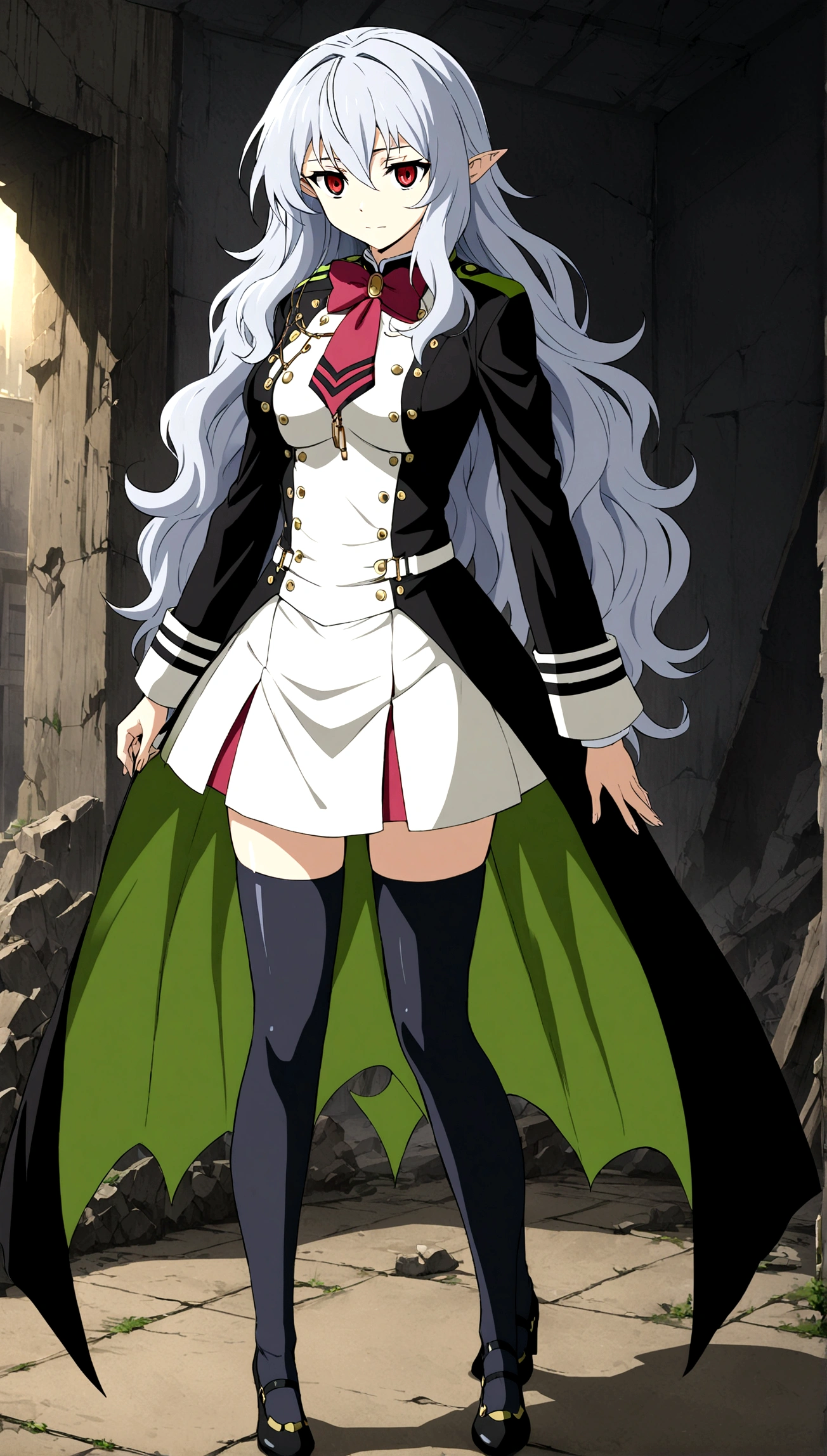 Anime. Owari no Seraph. 1 Girl. Dear . A vampire. Progenitor Clumsy. Silver hair. Wavy hair. Long hair. Red eyes. Beautiful eyes. Perfect eyes. Expressive eyes. Ideal face. Perfect body. Beautiful long ones. legs. Beautiful nose. 18 years. Big breasts. Standing. Full length Beautiful character design. Shiny skin. Pointy ears. White dress. Vampire uniform dress from
Owari no Seraph. Black stockings. Heeled shoes. Ruins of Tokyo. Full body. NSWF. Official art. Extremely detailed CG Unity 8k wallpaper. Ideal lighting. Ultra high resolution 4K. Super detailed 8K. A high resolution.