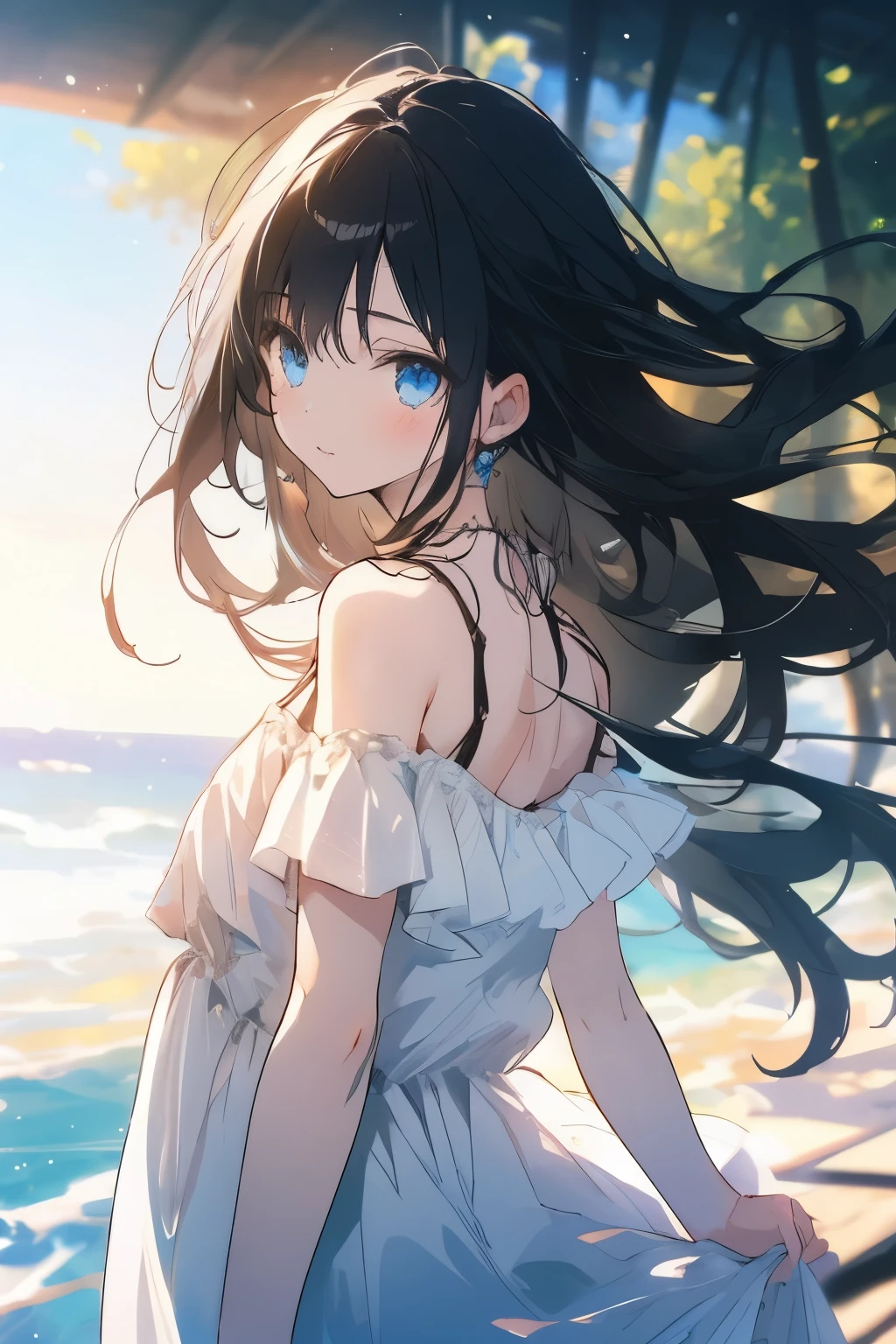 Girl with long black hair and blue eyes wearing white sundress, ((shoulders exposed)),
((best quality)), ((masterpiece)), (detailed),
