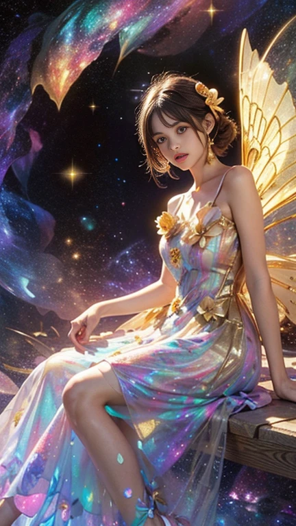 4k ultra hd, masterpiece, a girl, good face, detailed eyes, detailed lips, flower fairy girl, big wings, transparent wings, neon lights, (galaxy background:1.5), (flower dress:1.8), (golden dress:1.5), in the heaven, sitting,