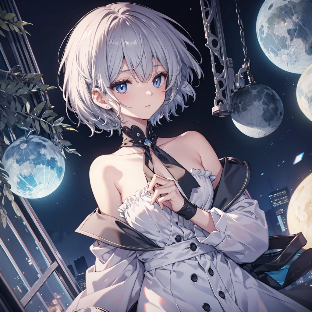 (((1 person)))　((High resolution　Gray Hair　short hair　 shoulder))　((Black Band　Lonely　despair　blue eyes))　　moon　star　nude chest clothes open beautiful girl high school girl