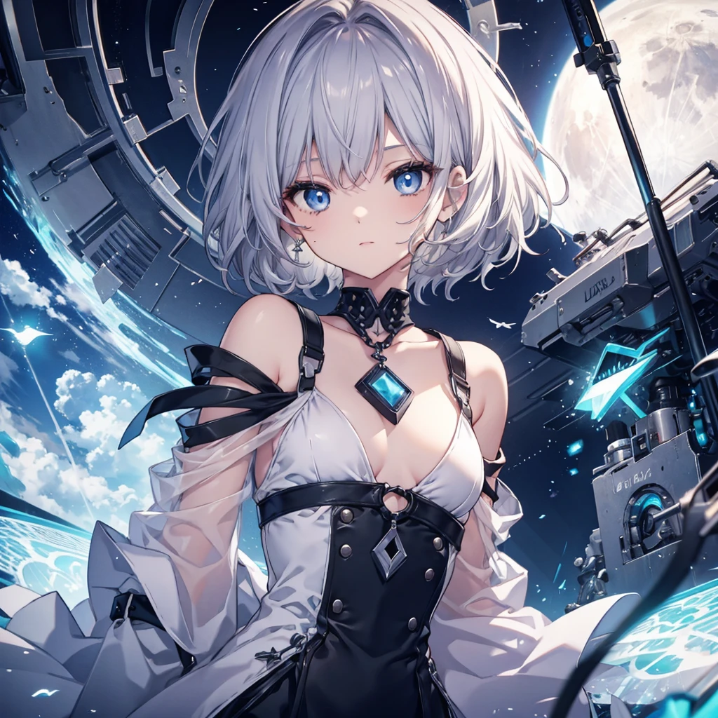 (((1 person))) ((High resolution Gray Hair short hair shoulder)) ((Black Band Lonely despair blue eyes)) moon star nude chest clothes open beautiful girl high school girl