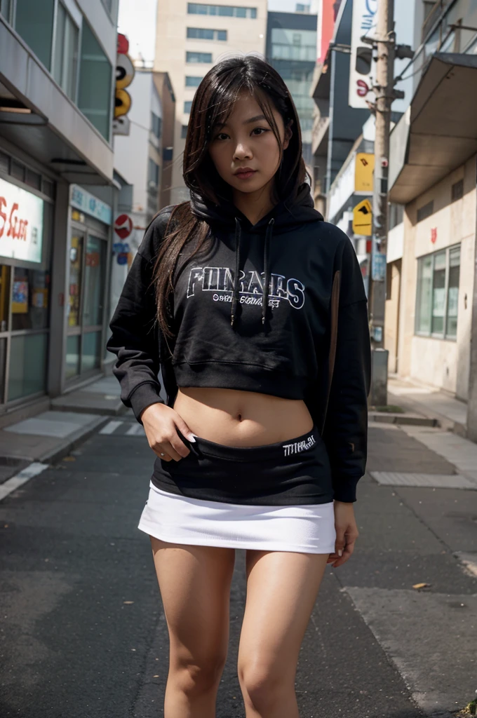 A short asian girl wearing tight hoodie mini skirt fishnet stock