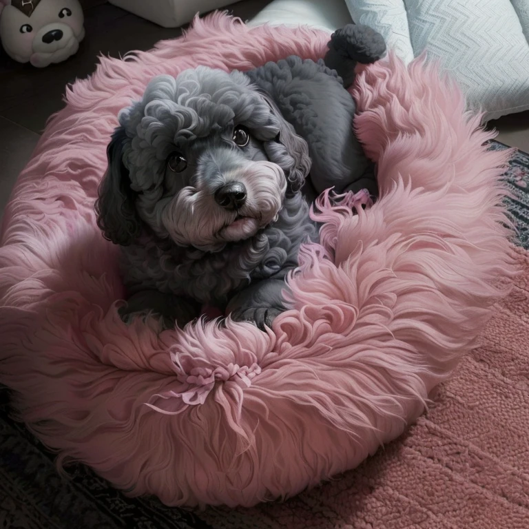 there is a gray poodle puppy, Grinning, with little black eyes, lying on a pink bed, sweetie.
