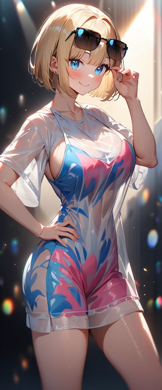 (((One Girl))), Blonde, Bobcut, (Cowboy Shot), ((sunglasses, hand to sunglasses)), (View your viewers), Focus on the face, ager, Tilt your head:1.3, (((blue eyes))), ((Smile)), ((blush)), Contrasting, Place one hand on hip, (((Exposed skin))), School summer clothes, (((Large Breasts))), White shirt, ((See-through clothing:1.3)), skirt, , Anime Style, (Highest quality, 4K, 8K, High resolution, masterpiece:1.2, Super detailed, Super detailed eyes, High resolution, 超High resolution, Studio Lighting, Ultra-fine painting, Sharp focus, Physically Based Rendering, Very detailed explanation, Professional, Vibrant colors, Bokeh)