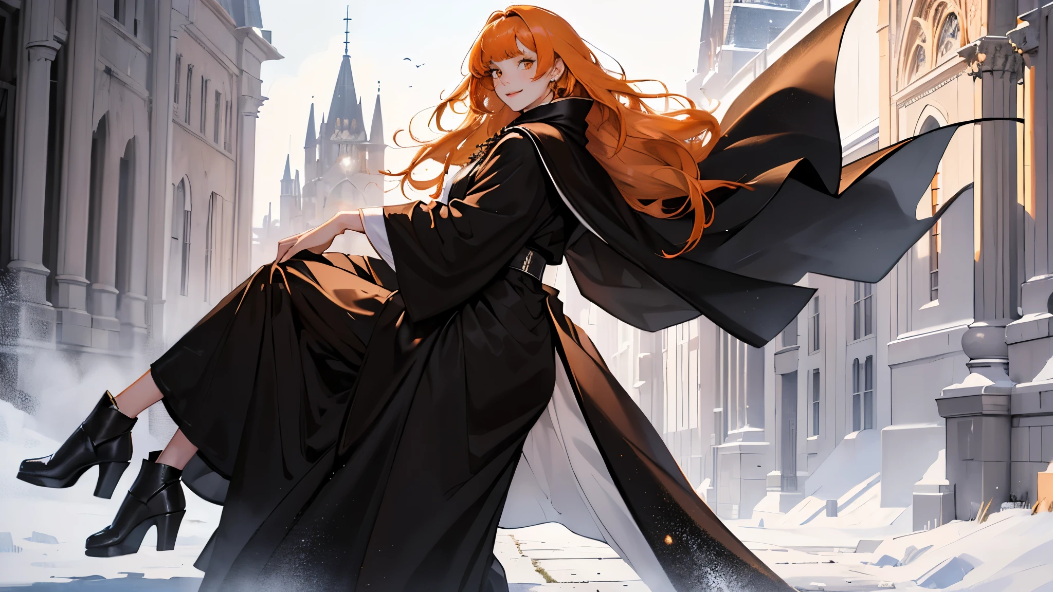 (girl), masterpiece, ultra detailed, 8K Portrait, Raw photo, woman's portrait photography, full body, Highly detailed face, mischievous childish smile, blush, ((Fantasy)), ((young)), , 160cm, (((student))), ((tanned skin)), (((dark orange colored long straight hair))), (((blunt bangs))), hair ornament, (((black silk long cloak))) Fluttering in the wind, (high school dark white uniform:1.5), Plaid short skirt, Midday sun, Hyper realistic, Slender body, by the snowy castle, Ambient lighting, Shadow details, Camera focus on face, strong breeze, Light fog, from side,