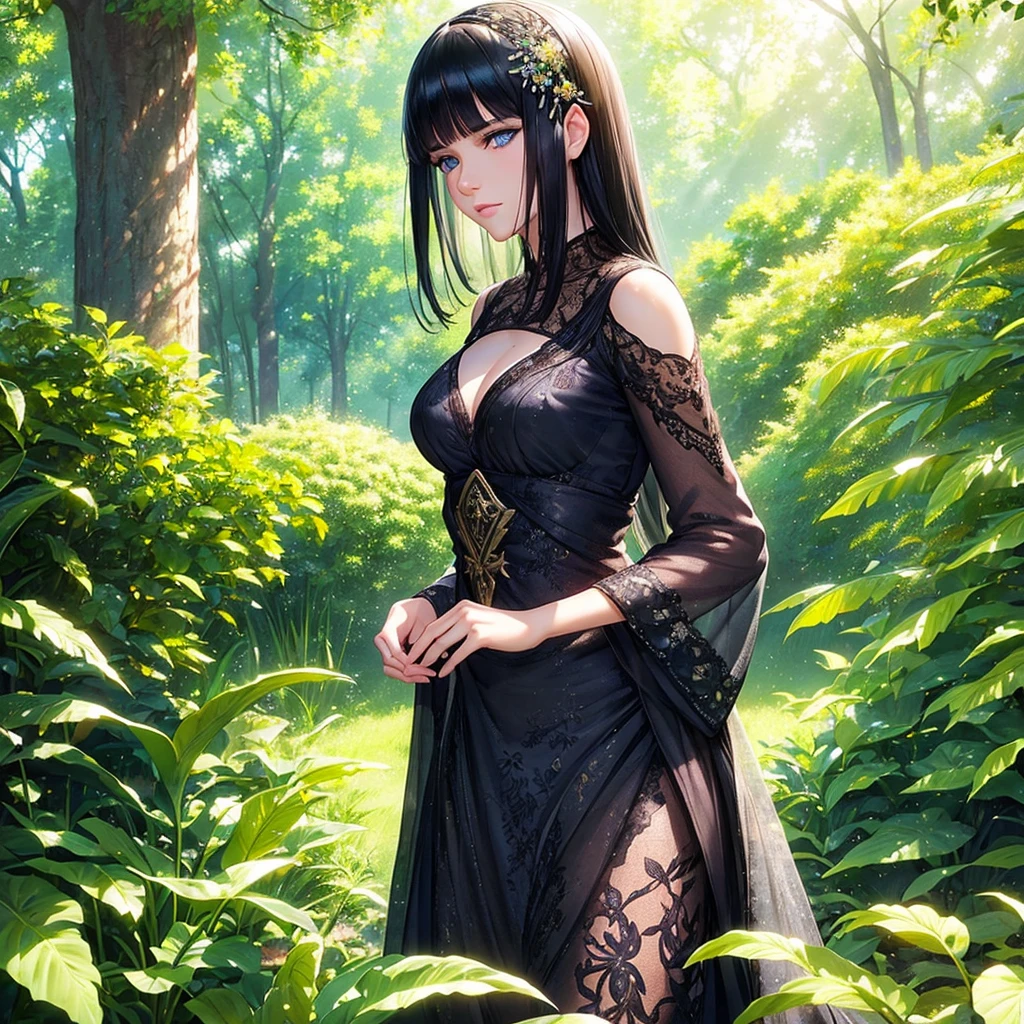 a beautiful young woman, detailed blue eyes, medium length black hair with bangs, highly detailed facial features, detailed skin texture, elegant dress, standing in a lush garden, sunlight filtering through the trees, intricate floral patterns, warm color palette, photorealistic, cinematic lighting, masterpiece, 8K, hyper-realistic