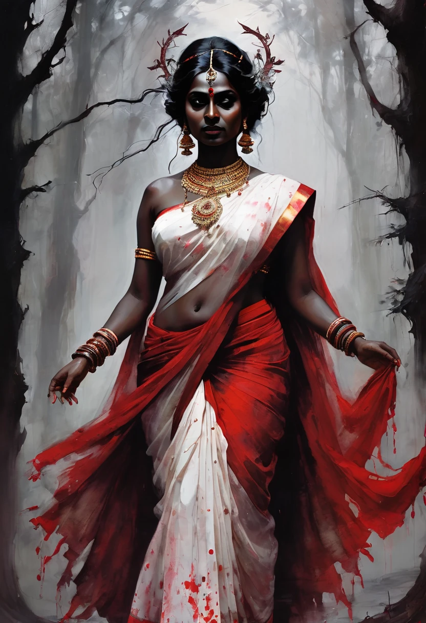 a contemporary concept art of curvaceous Bollywood actress aged 45 as Demigodess yakshi in Agnes Cecile, Ashley Wood and Guy Denning artstyle, beautiful dark skin, yakshi embracing the unknown in a dark ancient forest wearing a white and red  Kerala saree with ornaments, jewelry, and trinkets in dark bright shades of red and black colors, inspired by lores and mythology contemporary india, and darkly divine, dark mystics and red color spatter. 