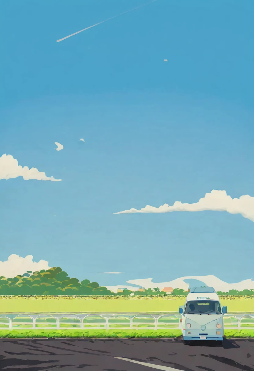 (Minimalism:1.4), A minibus on the road, Studio Ghibli Art, Miyazaki, Ranch size with blue sky and white clouds:1920×1080