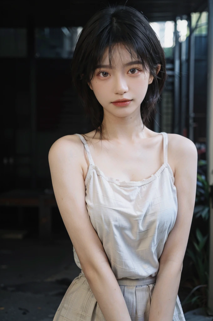 1 girl，Model，Upper Body，short hair,A faint smile,serene, calm，Moles under the eyes,Exquisite eyes, Delicate face,Lipstick,earrings,Hair details, skirt，（Dress conservatively：1.3）(Large Breasts:1.2),outdoor,background,城市background，(Skin details:1.4),(Realistic and detailed eyes：1.2）, Natural skin texture, Realistic facial details,Close-up of face,Portrait Photography,(Portrait Photography:1.1), (smooth skin textures:1.3), (Highest quality real skin textures:1.4), Direct vision,Soft dramatic lighting, Vivid details, 35 mm film, (Photo Practical:1.4), (hyper Practical:1.4), (Practical:1.3), (Smoother lighting:1.05), (Improve lighting quality:0.9), (Enhance the beauty of skin texture:1.1), Depth of Field, Bokeh, Surrealism, Ray Tracing, ( Surrealism, High Detail, Chiaroscuro, Ray Tracing, reflected light, Ultra HD, Ultra HD, masterpiece, Textured Skin, Super Detail, High Detail, high quality, best quality