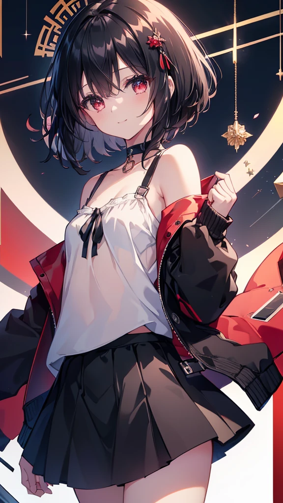 (masterpiece, highest quality, highest quality, (No text), Beautiful and aesthetic:1.2),No text,アニメ、BREAK,One Girl,Black Hair Girl short hair older sister choker Tree Eyes Beautiful eyes Red eyes cool smile Red and Black Black jacket mini skirt whole body In town