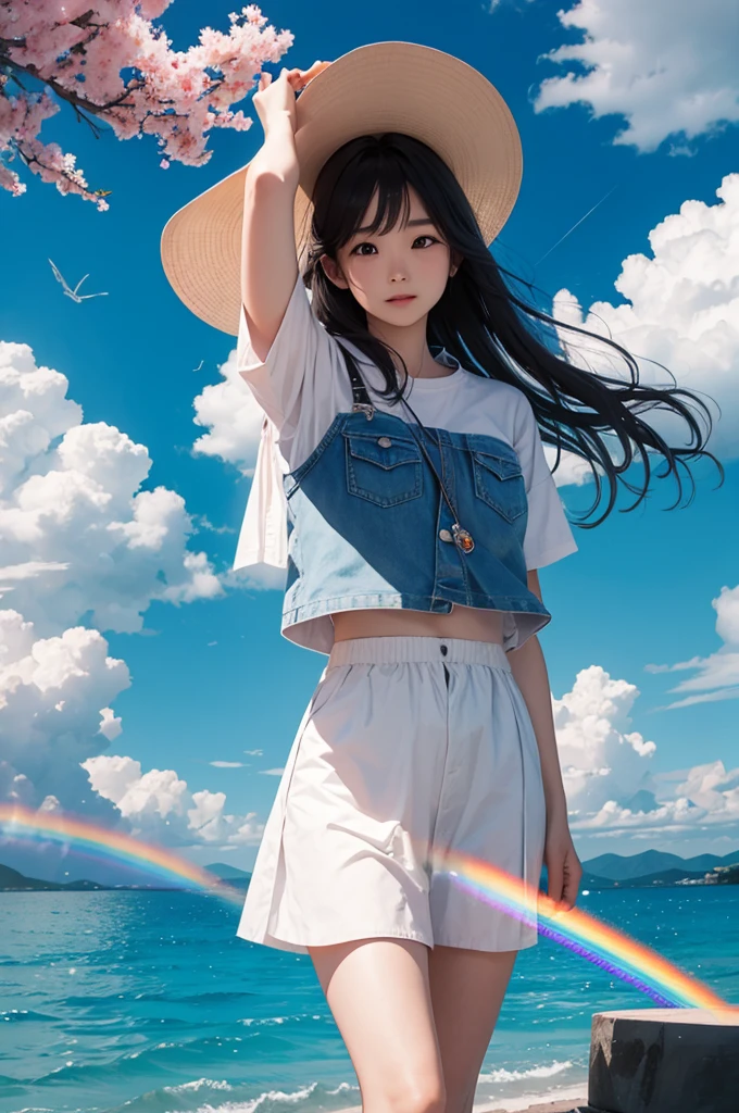 (Highest quality), (8K), (Highest quality), (live-action), (Realistic photos), summer、summerを感じる物、summerを感じる風景, blue sky, Rainbow and sunshine shining.16K, Ultra-high resolution, Shining in rainbow colors、to be born,wonderful ,future、Iridescent、The world 30 years from now。