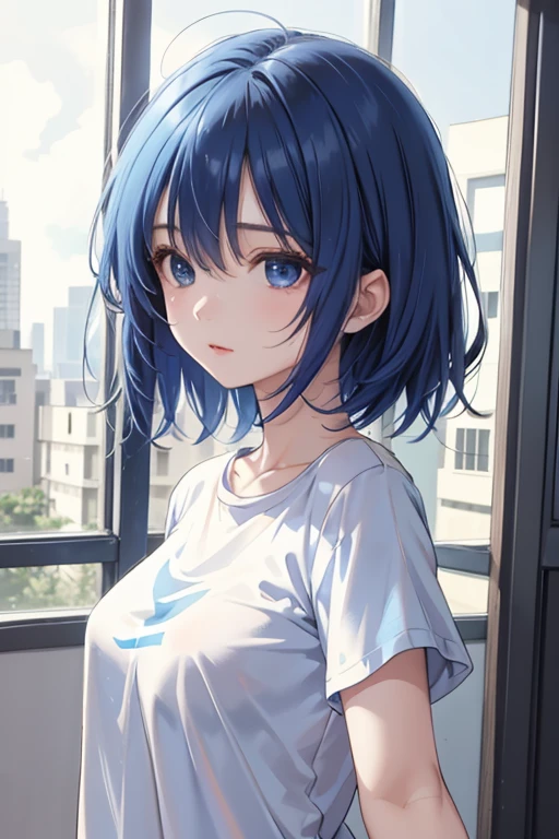 1girl,solo,blue hair,Cobalt blue Hair,Short hair,(T-Shirts:1.4)