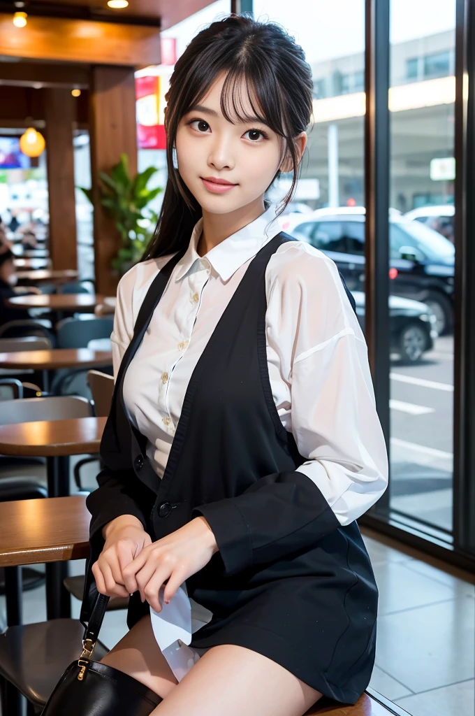 highest quality, masterpiece, ultra high resolution, (realistic:1.4), Raw photo, (18 year old female), At the airport cafe terrace, (An 18-year-old girl, most famous japanese idol, (Before leaving for overseas travel), (very beautiful black hair shortcut), Very cute face like the most popular Japanese idol, ((very beautiful big black eyes)), very beautiful lips, very beautiful skin, very beautiful long eyelashes, slender body), 
At the airport cafe terraceフライト待ち, (A stylish cafe at the airport), Neat clothes, 