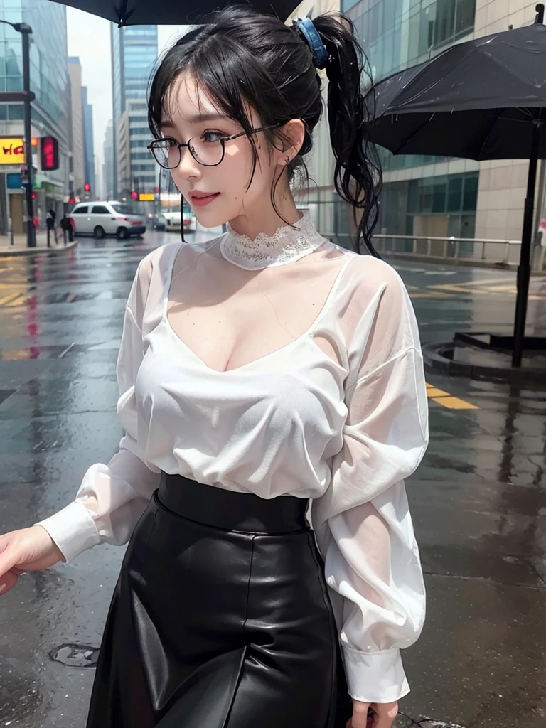 ((best quality, 8K, masterpiece: 1.3)),upper body,Thick black-rimmed glasses,Black Hair, black eye,sharp focus: 1.2, beautiful woman: 1.4, ((ponytail: 1.2)),(Silk darkmagenta long skirt、White long sleeve blouse with lace), (wet from rain: 1.3), (rain, street: 1.2), wet body: 1.2, Highly detailed face and skin texture, detailed eyes, double eyelids, White skin,E cup,smile,Financial district of the big city,Skyscraper,White skin,Wet Hair、Wet Skin、Wet clothes、smile、