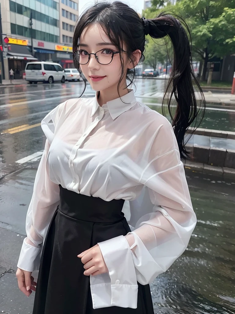 ((best quality, 8K, masterpiece: 1.3)),upper body,Thick black-rimmed glasses,Black Hair, black eye,sharp focus: 1.2, beautiful woman: 1.4, ((ponytail: 1.2)),(magenta skirt、White blouse with lace), (wet from rain: 1.3), (rain, street: 1.2), wet body: 1.2, squatting,Highly detailed face and skin texture, detailed eyes, double eyelids, White skin,E cup,smile,Financial district of the big city,Skyscraper,White skin,Wet Hair、Wet Skin、Wet clothes、smile、 from front