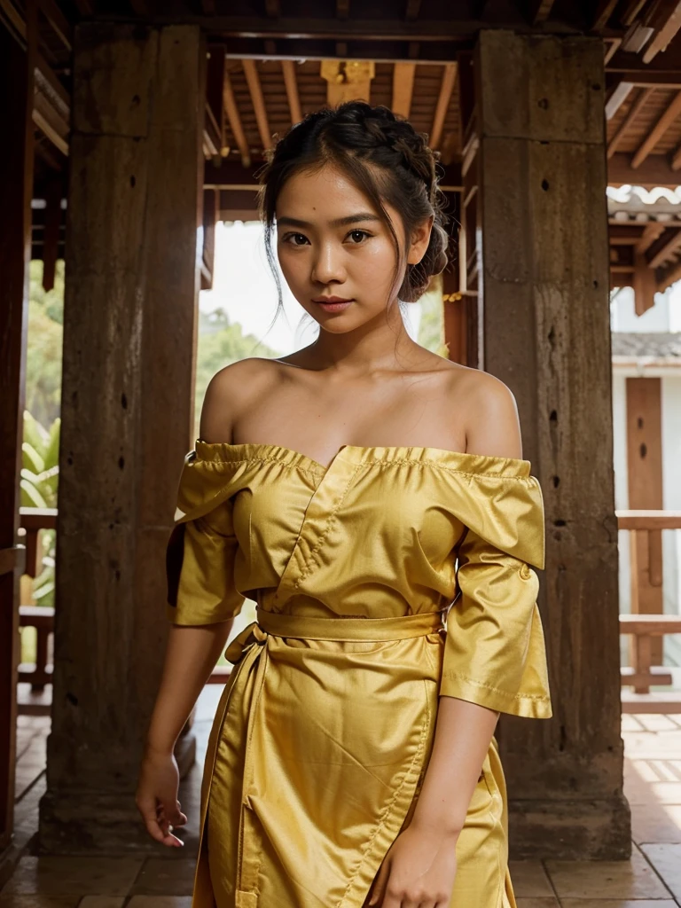 Traditional Thai girl wearing an Off shoulder Sleeve dress with a French braid. Thai temple 1 0 0 m. Ancient Libu girl captures beautiful and cute pictures: 2, sarong, Golden Gate, details of a beautiful Thai temple.