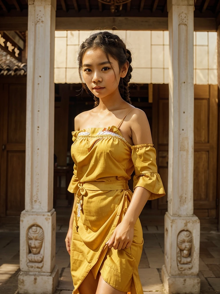 Traditional Thai girl wearing an Off shoulder Sleeve dress with a French braid. Thai temple 1 0 0 m. Ancient Libu girl captures beautiful and cute pictures: 2, sarong, Golden Gate, details of a beautiful Thai temple.