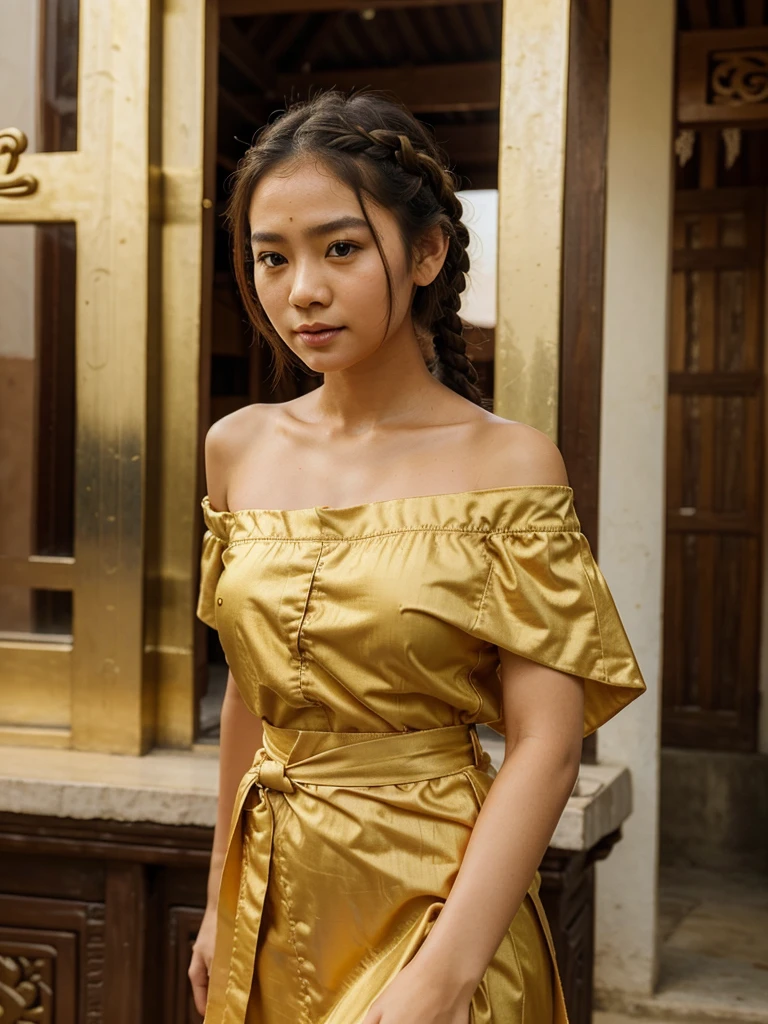 Traditional Thai girl wearing an Off shoulder Sleeve dress with a French braid. Thai temple 1 0 0 m. Ancient Libu girl captures beautiful and cute pictures: 2, sarong, Golden Gate, details of a beautiful Thai temple.