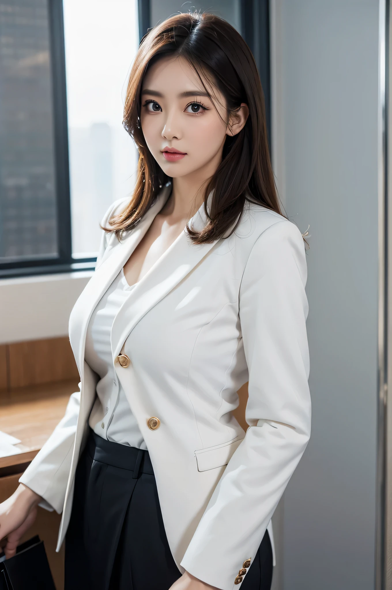 one woman,dress pants,jacket, large breasts,beautiful face,big eyes,double eyelid,high quality,beautiful woman, office lady