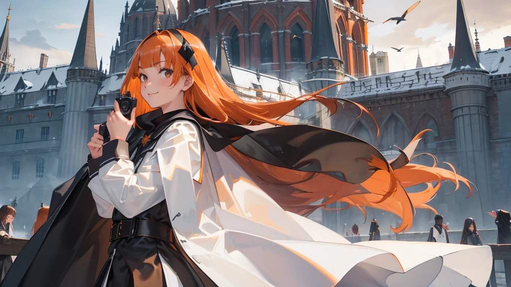 (girl), masterpiece, ultra detailed, 8K Portrait, Raw photo, woman's portrait photography, full body, Highly detailed face, mischievous childish smile, blush, ((Fantasy)), ((young)), 17 years old, 160cm, (((student))), ((tanned skin)), (((dark orange colored long straight hair))), (((blunt bangs))), hair ornament, (((black silk long cloak))) Fluttering in the wind, (high school dark white uniform:1.5), Plaid short skirt, Midday sun, Hyper realistic, Slender body, by the snowy castle, Ambient lighting, Shadow details, Camera focus on face, strong breeze, Light fog, from side,