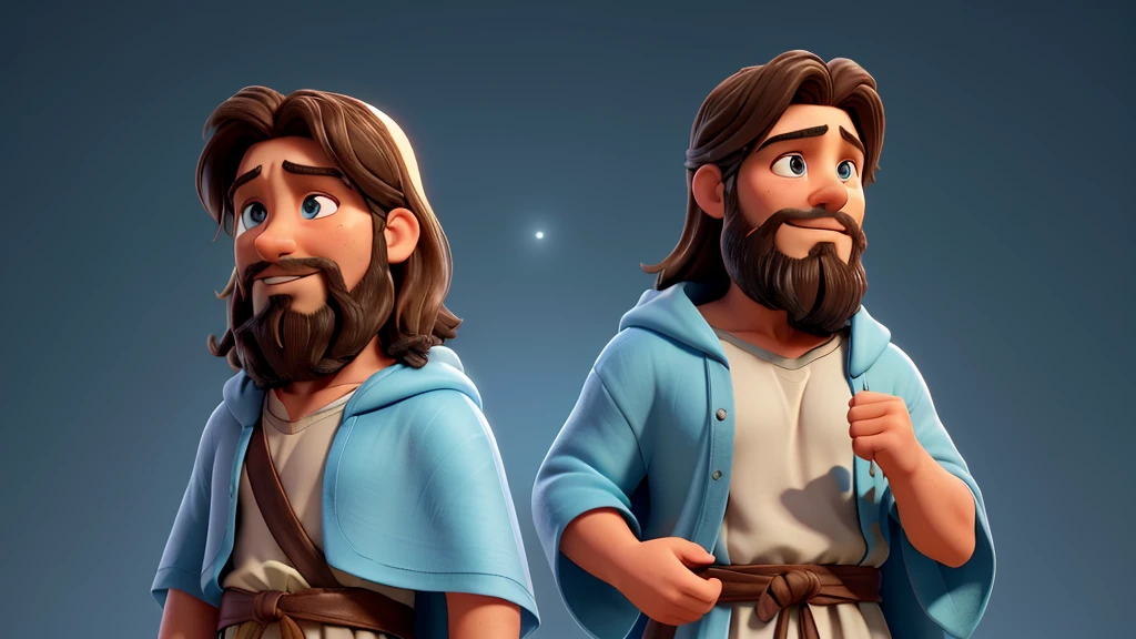 "Create a realistic image of Jesus Christ looking straight ahead. The image should be of cinema quality and 4K resolution. Jesus should have an expression of compassion and serenity, with piercing eyes and a spiritual lightness. He should have dark brown hair, slightly wavy and falling over his shoulders, with a thick beard. He should be wearing a simple ivory-coloured robe, with a soft blue cloak over his shoulders. The lighting should be natural, with soft light that highlights the facial features and creates a subtle glow effect around his head. The background should be a natural setting, with green hills and a clear evening sky, adding a touch of tranquillity to the image."
