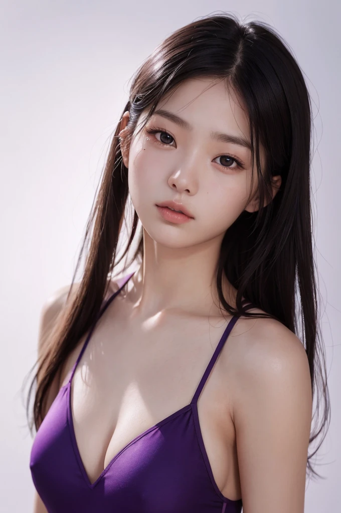 20 year old girl, purple swimsuit, long hair, high contrast (Natural skin texture, Hyperrealism, Soft Light, sharp), portrait, standing, kpop
