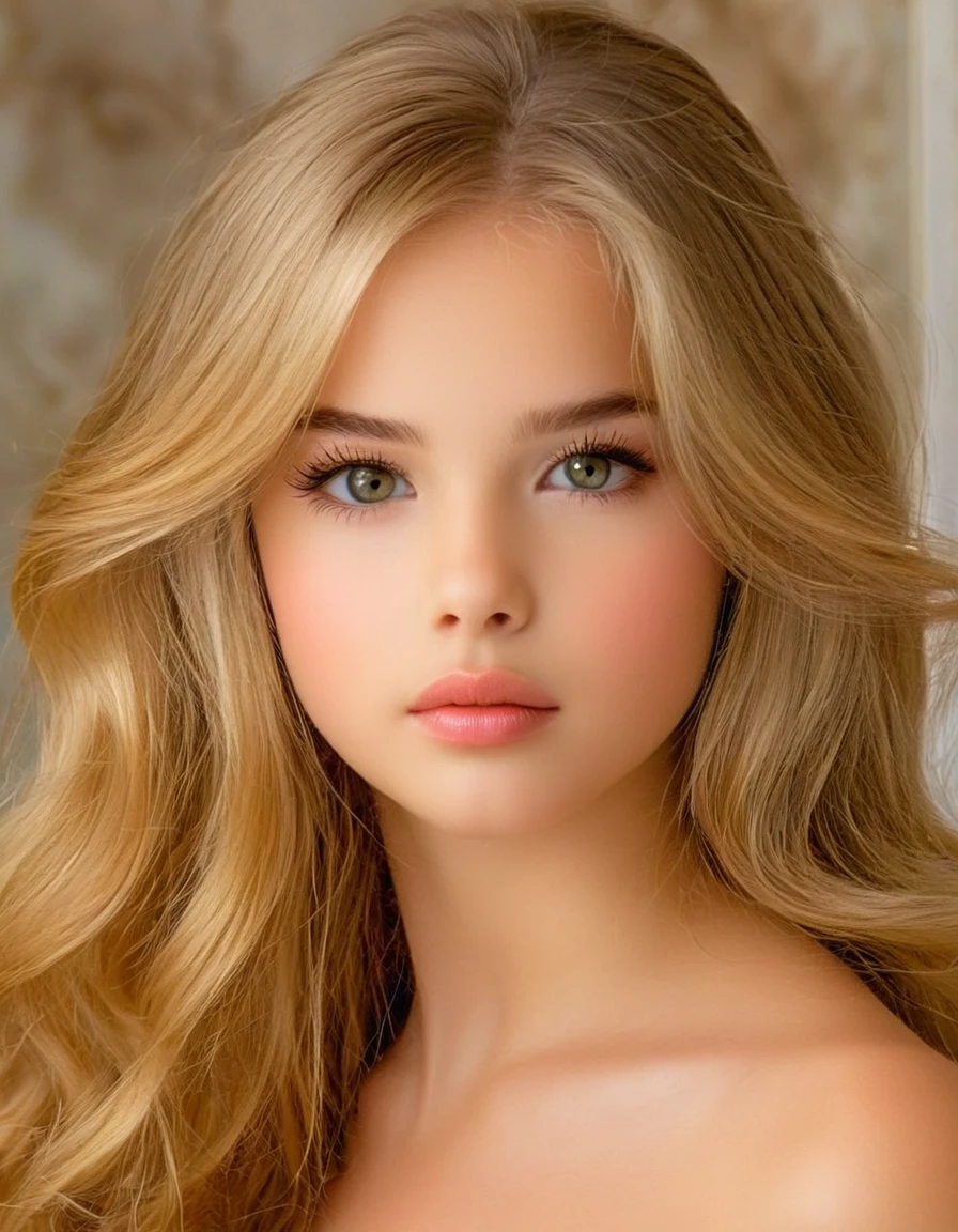 1 young American girl 12 years old, Beautifull, Alone,  your voice is clear, long blonde hair, long and blond hair,with a subtle rosy glow on her cheeks, and carries himself with an air of elegance and poise. His eyebrows are arched and well groomed.., and her eyelashes are long and dark, highlighting her captivating brown eyes. Despite his elegant demeanor, there is an underlying force in his gaze.