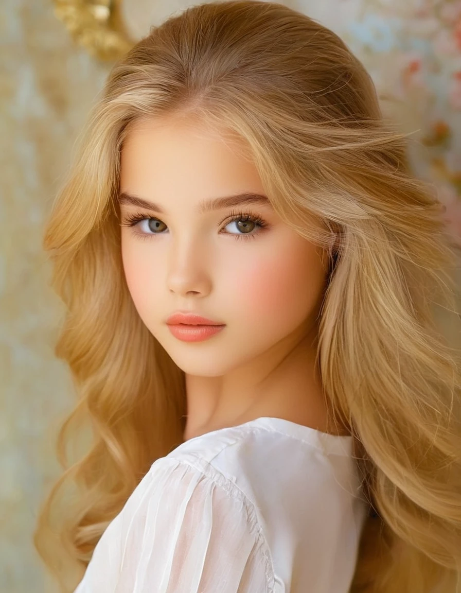 1 young American girl 12 years old, Beautifull, Alone, your voice is clear, long blonde hair, long and blond hair,with a subtle rosy glow on her cheeks, and carries himself with an air of elegance and poise. His eyebrows are arched and well groomed.., and her eyelashes are long and dark, highlighting her captivating brown eyes. Despite his elegant demeanor, there is an underlying force in his gaze.