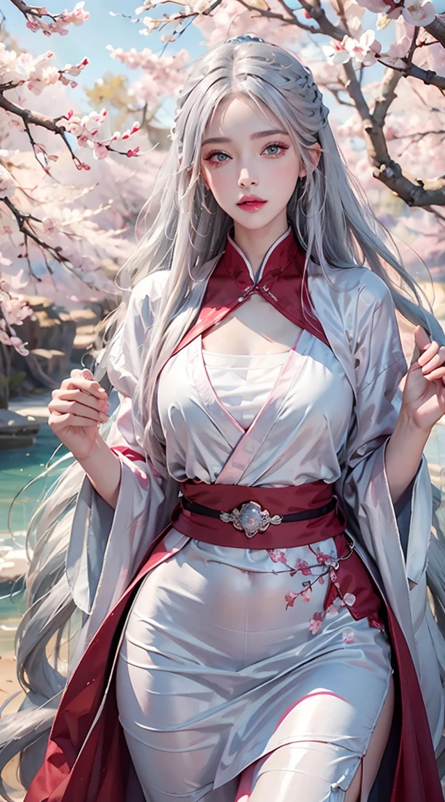 Realistic, High resolution, 1 Female, Glowing Skin, alone, tattoo, Hip Up, jewelry, Pink Lips, Long silver hair, blue eyes, Mouth closed, Red Hanfu, cherry blossoms