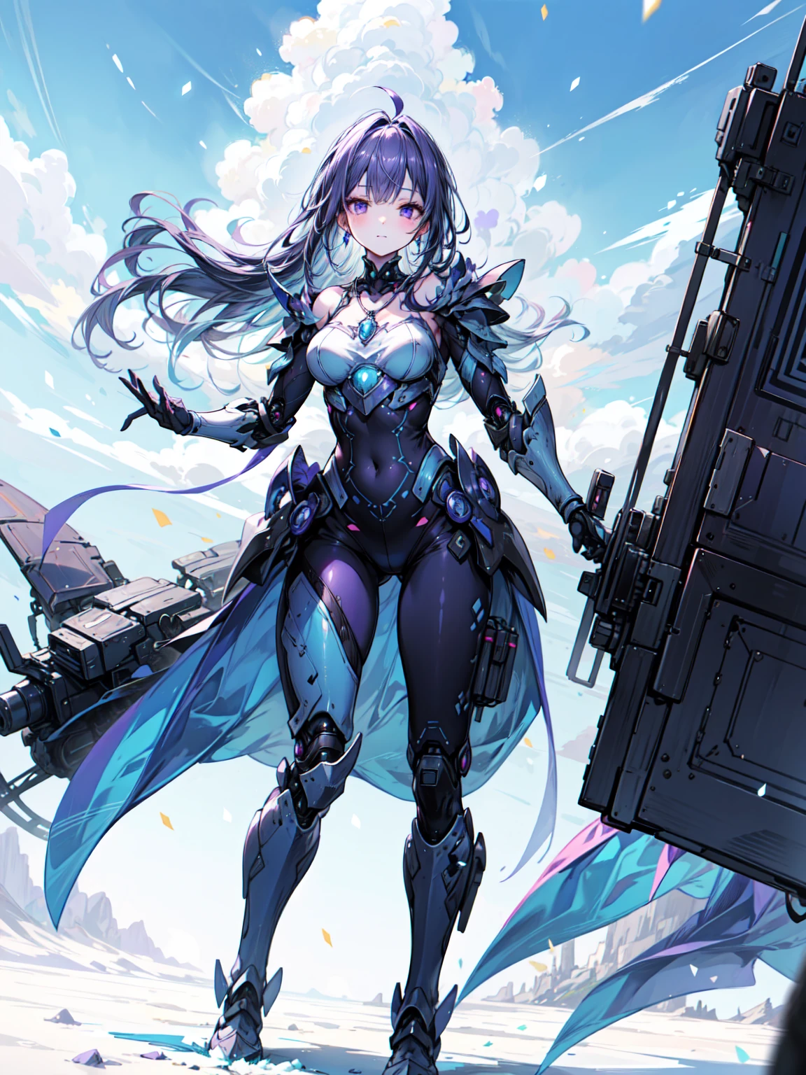 Cute adult girl standing ,Girl Focus, [full body 鎧], Organic Armor Cyborg、Machinery Armor、((blue sky、Floating in the air)),  poker face, still、(One Girl:1.3), bangs,necklace , （Snow White&#39;s Armor、Flying high in the sky、Floating、Floatingポーズ), Very detailedな, Crystal purple eyes,thin, Technology of Wonders, Long Hair, Animetic, alone, Silk White Hair, high quality, Mastette Piece,Very detailed,[Wide Hips] , beautiful girl, [detailed aspects], See details of actual operation, Very detailed目,Expressionless emotions, Beautiful Eyes、break、Armor Textures、（Dark Elf), (1 Girl), alone, Perfect Face, Get used to it, Ahoge, ((Long Hair:1.2)), [[Messy Hair]], 光沢のあるPurple Hair, Purple eyes, Variegated eyes, Purple Hair, Shining Eyes, (eyelash, eye shadow, purple eye shadow), bright, smile, Design Art：haruhiko mikimoto, by Kawashi, By Yoshitaka Amano