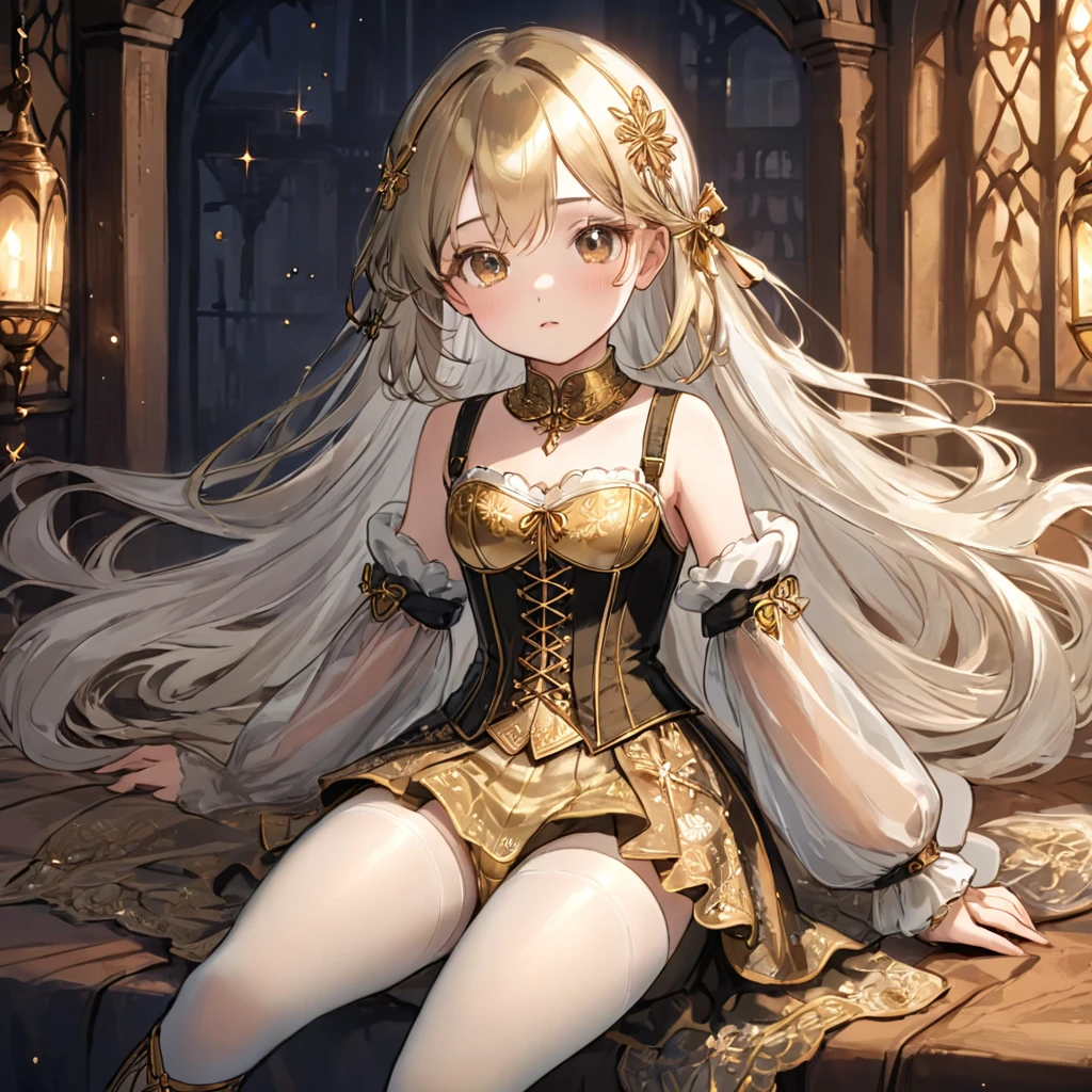 8 year old medieval girl, １people々、In underwear、Gold and silver thread embroidery、Translucent underwear that reaches below the knee（Bloomers）wear、wear a semi-transparent corset、Translucent slip, Copper Translucent Tights、sleep