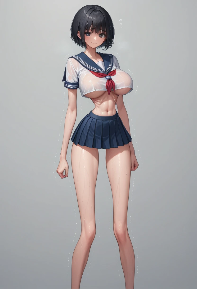 (masterpiece, best quality:1.2), front shot, beautiful thin 1girl, (super big breasts, micro waist, very long legs:1.5), Black hair, short bob hair, (Extremely skinny), short height, Light Skin, cute big eyes, cute beautiful thin face, forced smile, serafuku, mini skirt, Arched back, pigeon-toed, Embarrassing pose, Long and thin navel, (beautiful visible ribs), wet and sweaty, Trembling