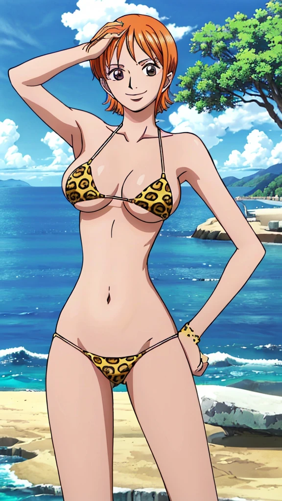 (masterpiece, 4K, Highest quality, anime style: 1.9, Detailed face, Lovely, Ocean,bold, High resolution, anime, Lake 4. alone, Curvaceous, Very slim belly, Cowboy Shot, 1 Girl,,(Leopard print micro bikini),,smile,View your viewers,Big Breasts,Naked in a swimsuit,ONE PIECE,US,(((Place your right hand behind your head))),(((Place your left hand on your hip)))