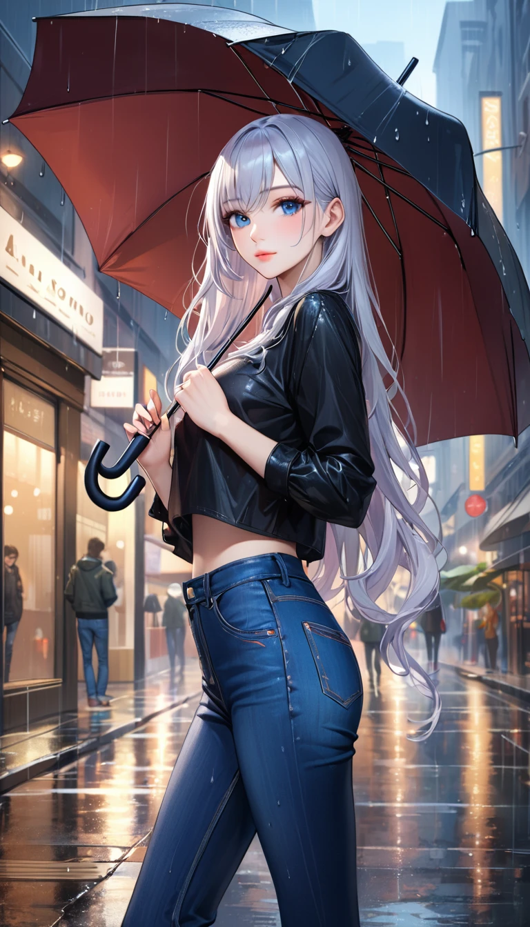 ((Highest quality, masterpiece:1.3, 8K)), (detailed), highly detailed face and skin texture, detailed eyes, Downtown, whole body, Seductive pose, Slender body, One girl, Age 25, White skin, Bright lips, Captivating smile, Long Hair, (amount:1.0), Stylish tops, Jeans pants, Skinny jeans, Blue Jeans, footwear,(((heavy rain))),Sheltering from the Rain,(((Holding an umbrella in his right hand))),
