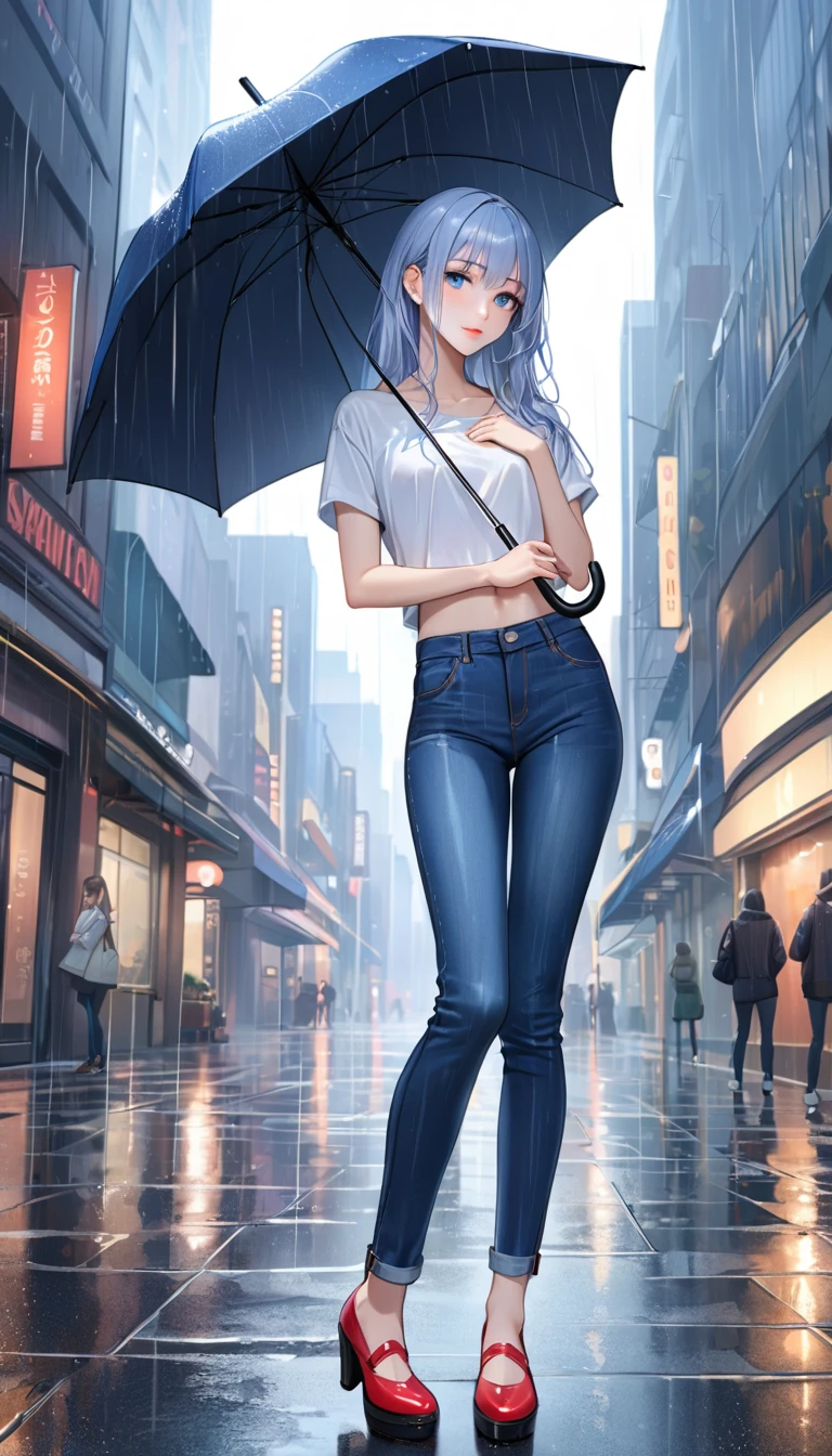 ((Highest quality, masterpiece:1.3, 8K)), (detailed), highly detailed face and skin texture, detailed eyes, Downtown, whole body, Seductive pose, Slender body, One girl, Age 25, White skin, Bright lips, Captivating smile, Long Hair, (amount:1.0), Stylish tops, Jeans pants, Skinny jeans, Blue Jeans, footwear,(((heavy rain))),Sheltering from the Rain,(((Holding an umbrella in his right hand))),
